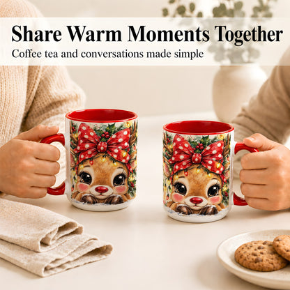 #pl[15oz|Red] Cute Christmas Reindeer Coffee Mug, Red Bow Mug, Ceramic Cup