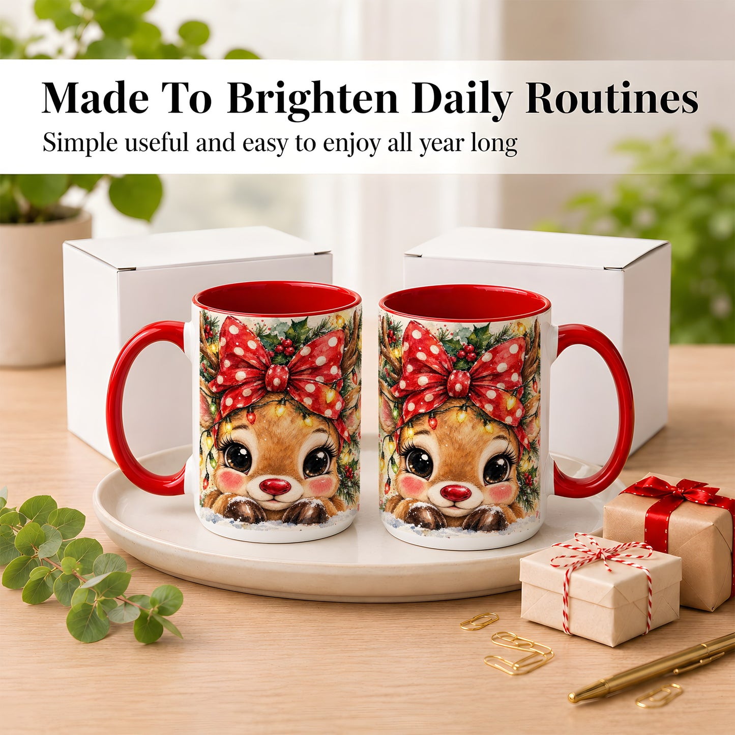 #pl[15oz|Red] Cute Christmas Reindeer Coffee Mug, Red Bow Mug, Ceramic Cup