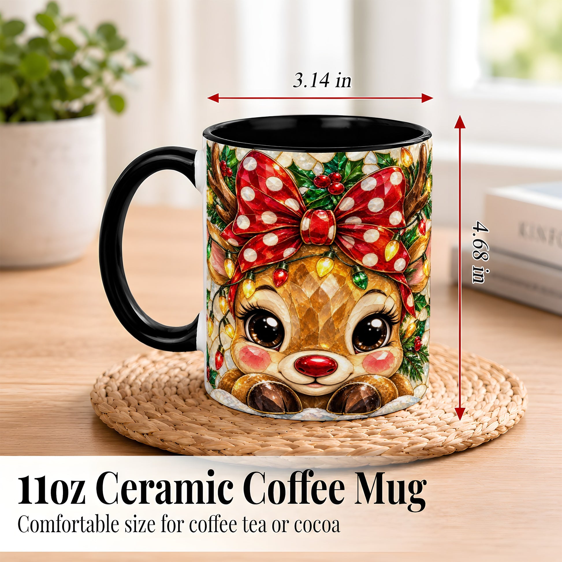 #pl[11oz|Black] Mosaic Reindeer Coffee Mug, Christmas Bow Mug, Ceramic Cup
