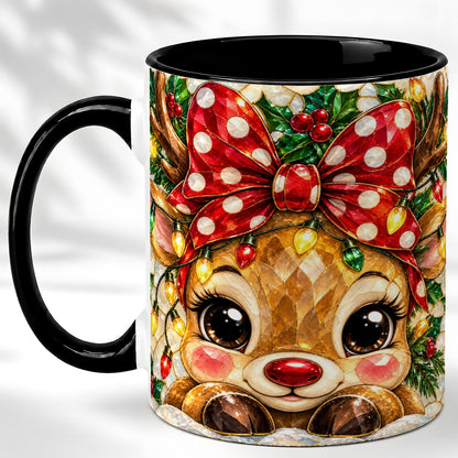 #pl[11oz|Black] Mosaic Reindeer Coffee Mug, Christmas Bow Mug, Ceramic Cup