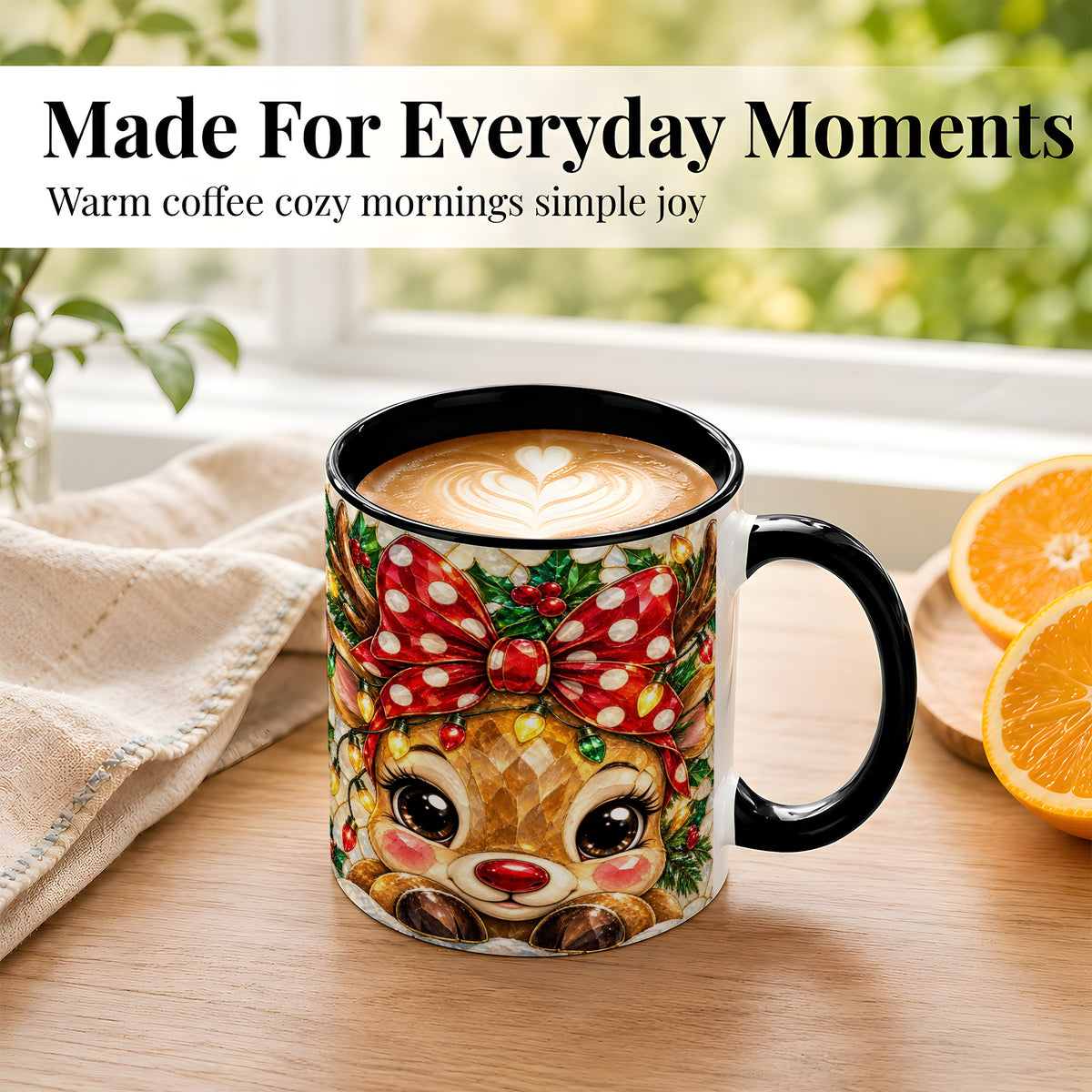 #pl[11oz|Black] Mosaic Reindeer Coffee Mug, Christmas Bow Mug, Ceramic Cup
