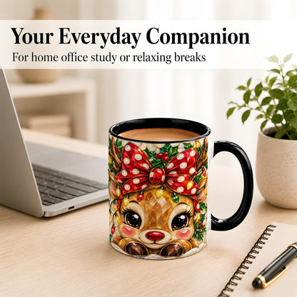 #pl[11oz|Black] Mosaic Reindeer Coffee Mug, Christmas Bow Mug, Ceramic Cup