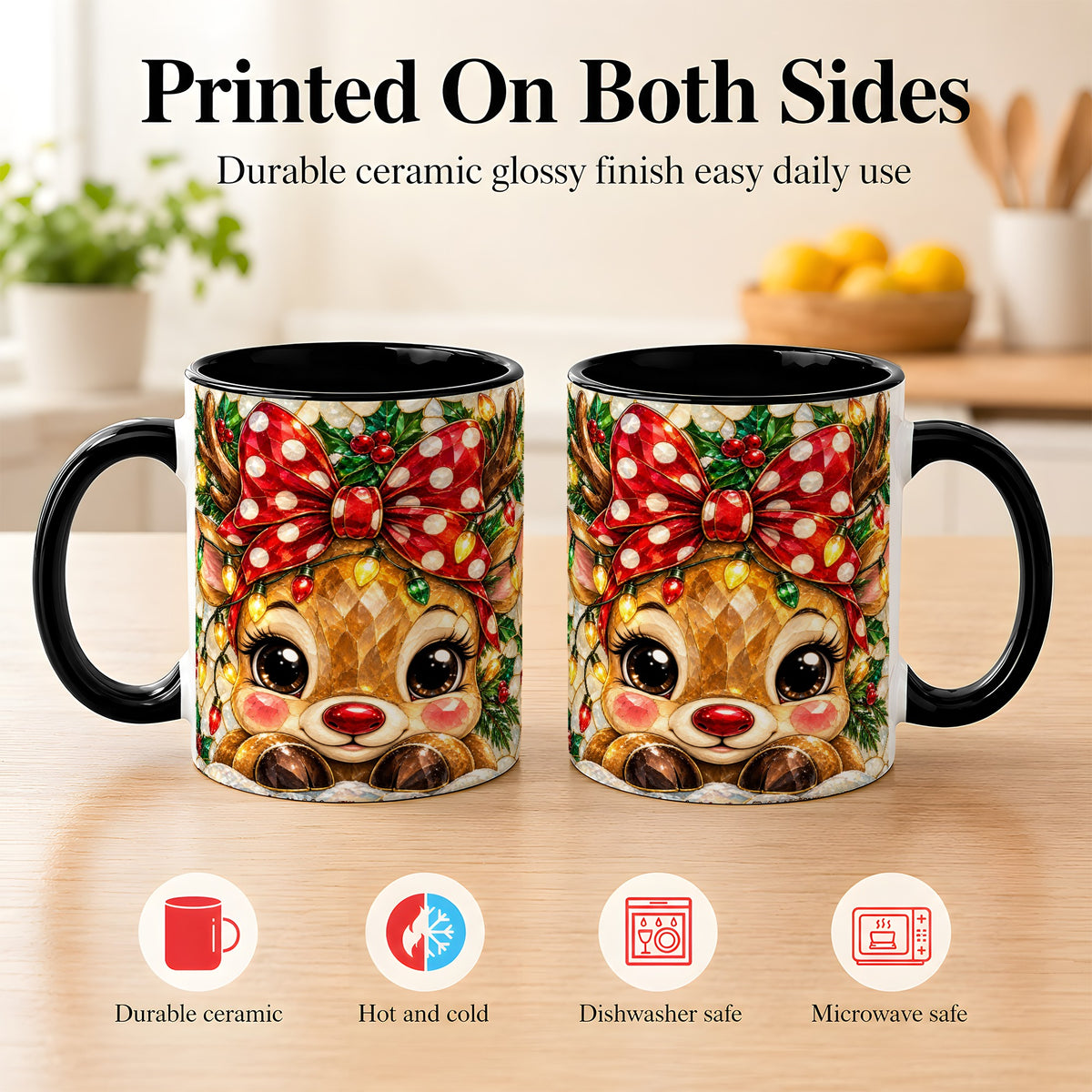 #pl[11oz|Black] Mosaic Reindeer Coffee Mug, Christmas Bow Mug, Ceramic Cup