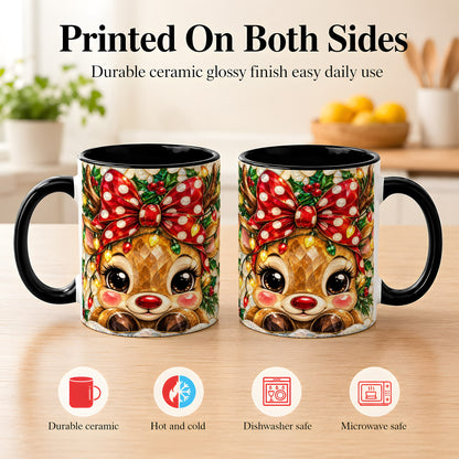 #pl[11oz|Black] Mosaic Reindeer Coffee Mug, Christmas Bow Mug, Ceramic Cup