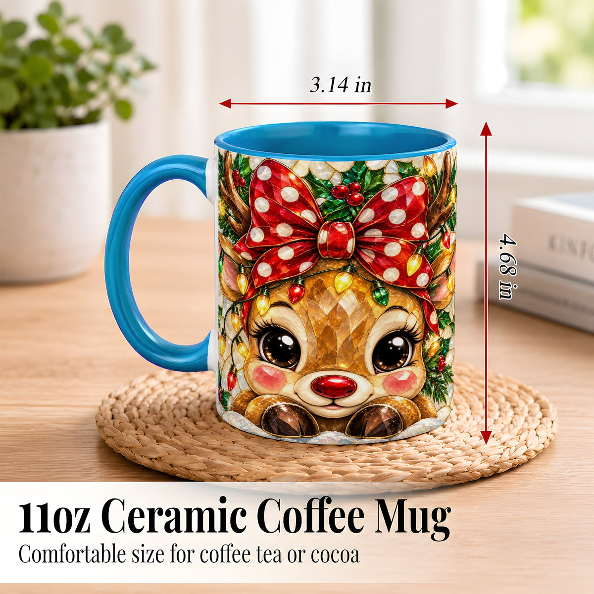 #pl[11oz|Blue] Mosaic Reindeer Coffee Mug, Christmas Bow Mug, Ceramic Cup