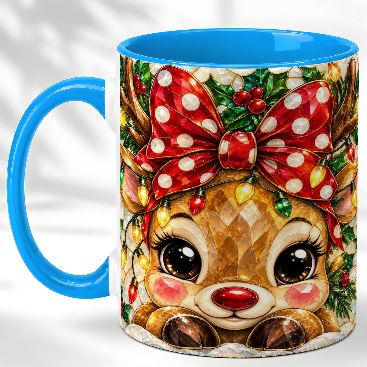 #pl[11oz|Blue] Mosaic Reindeer Coffee Mug, Christmas Bow Mug, Ceramic Cup