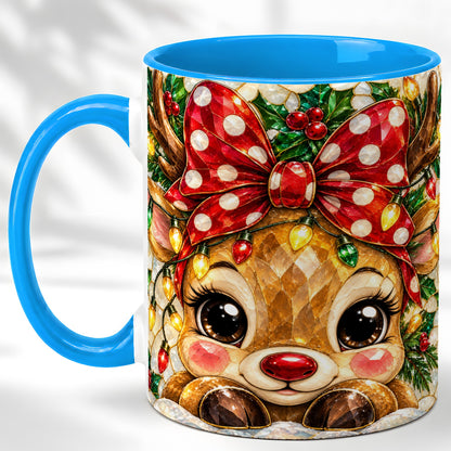 #pl[11oz|Blue] Mosaic Reindeer Coffee Mug, Christmas Bow Mug, Ceramic Cup