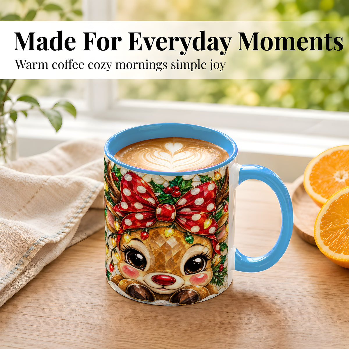 #pl[11oz|Blue] Mosaic Reindeer Coffee Mug, Christmas Bow Mug, Ceramic Cup