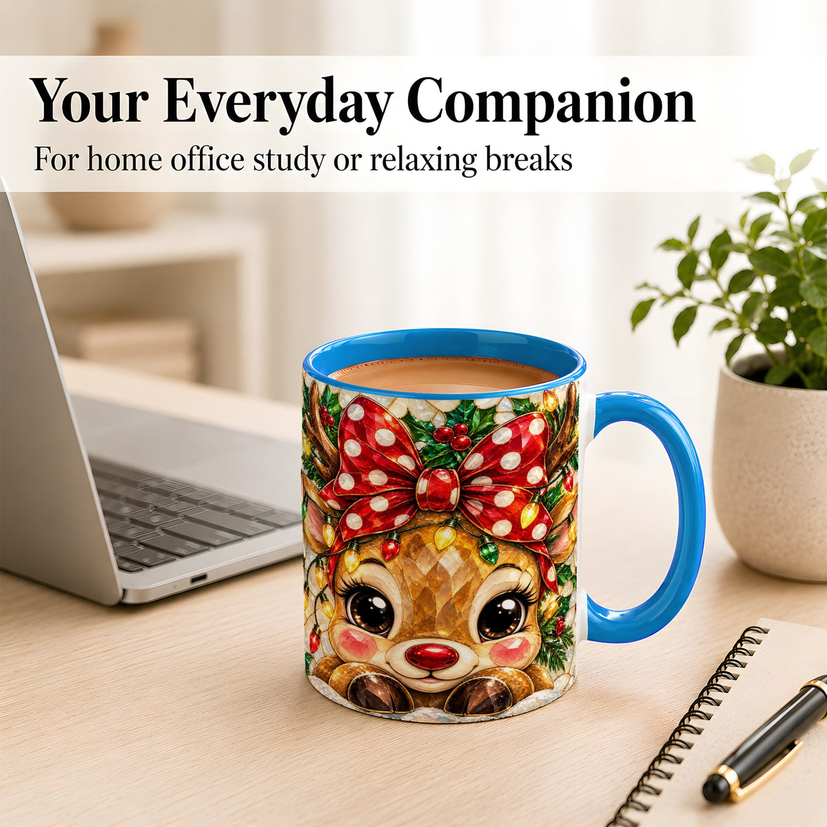 #pl[11oz|Blue] Mosaic Reindeer Coffee Mug, Christmas Bow Mug, Ceramic Cup