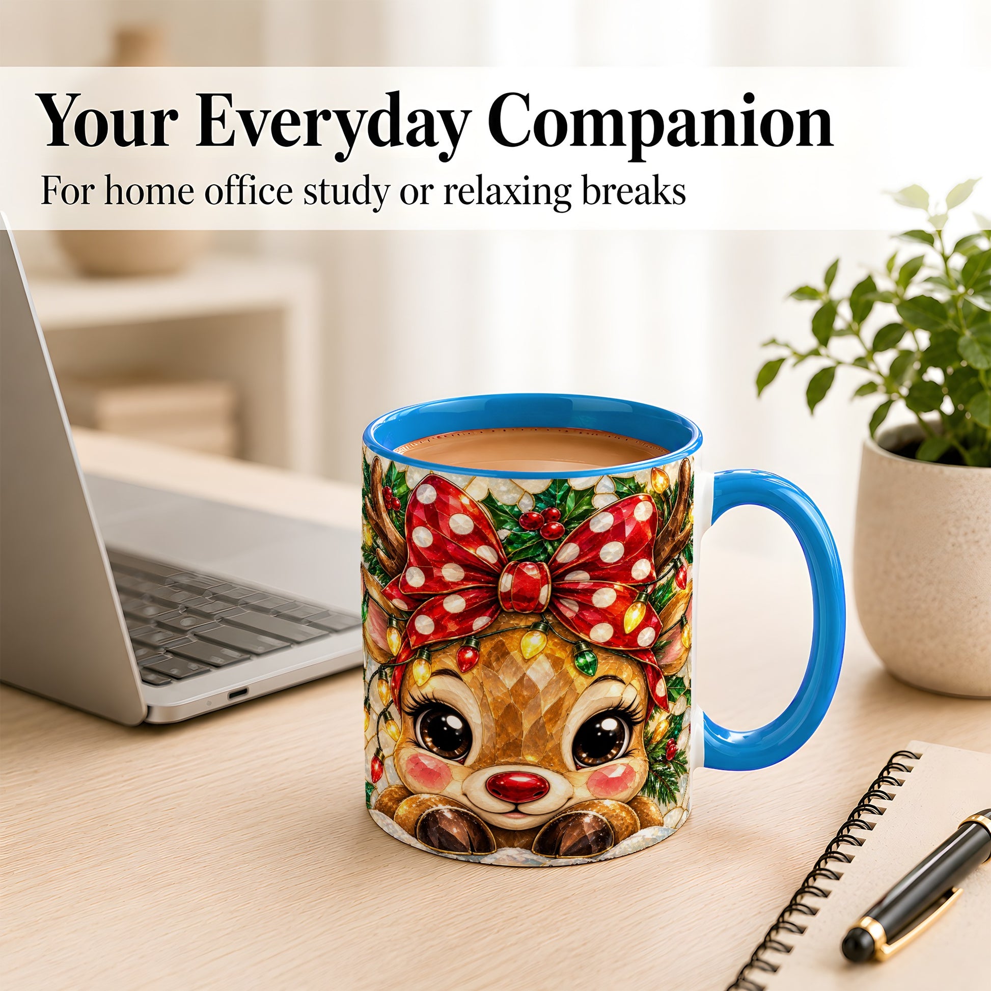 #pl[11oz|Blue] Mosaic Reindeer Coffee Mug, Christmas Bow Mug, Ceramic Cup