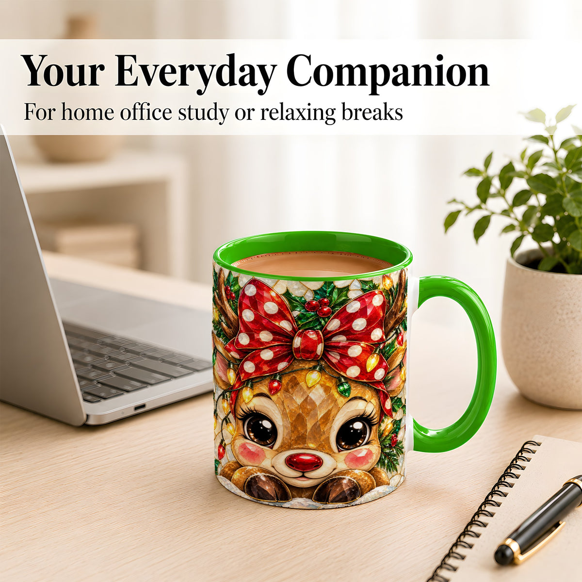 #pl[11oz|Green] Mosaic Reindeer Coffee Mug, Christmas Bow Mug, Ceramic Cup