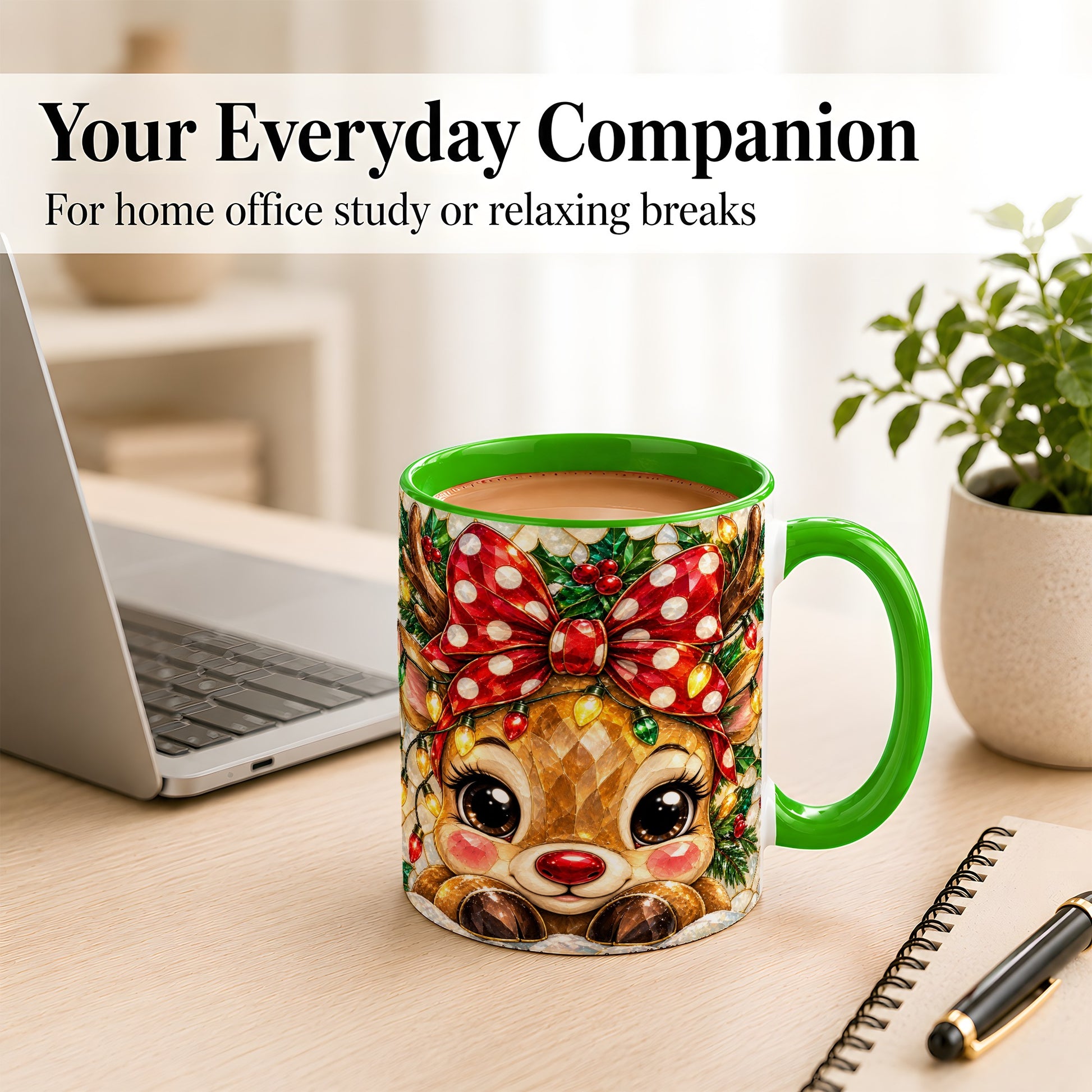#pl[11oz|Green] Mosaic Reindeer Coffee Mug, Christmas Bow Mug, Ceramic Cup