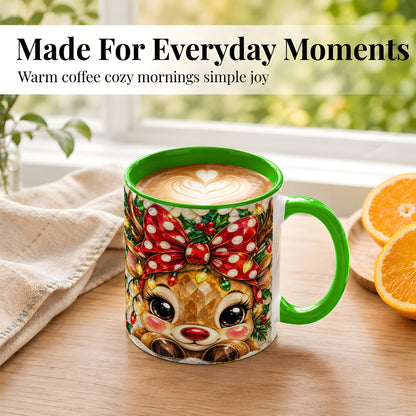 #pl[11oz|Green] Mosaic Reindeer Coffee Mug, Christmas Bow Mug, Ceramic Cup