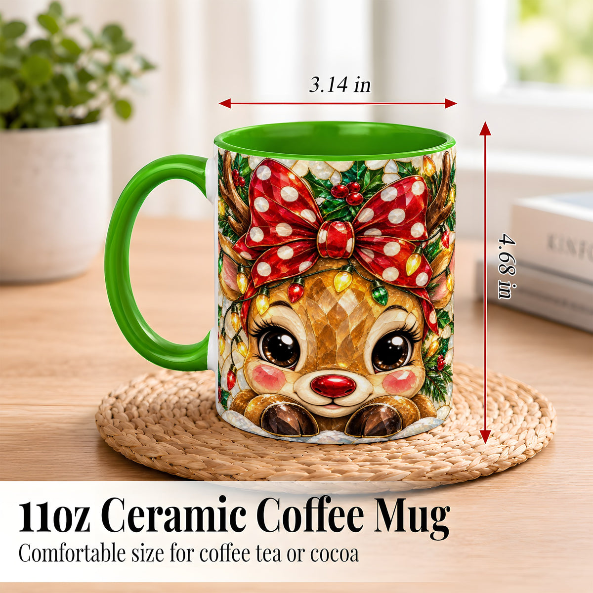#pl[11oz|Green] Mosaic Reindeer Coffee Mug, Christmas Bow Mug, Ceramic Cup