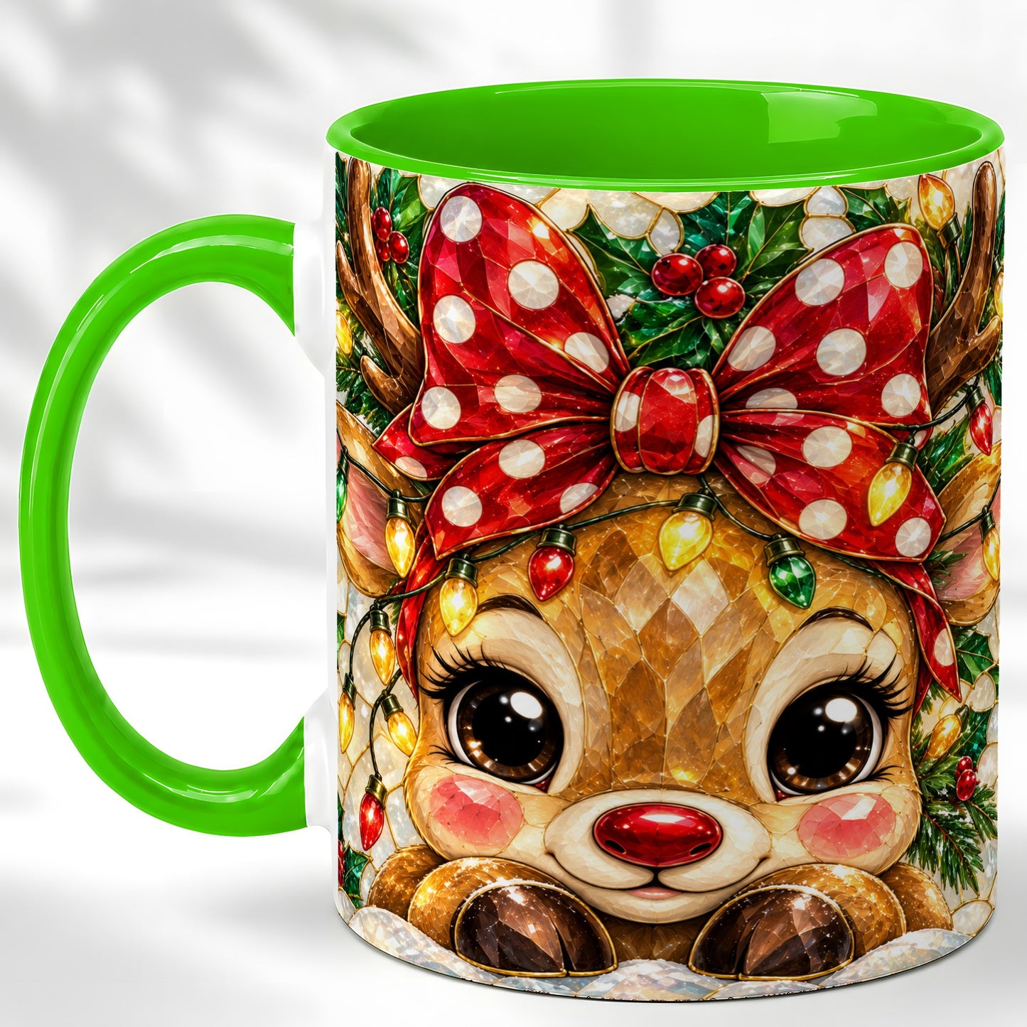 #pl[11oz|Green] Mosaic Reindeer Coffee Mug, Christmas Bow Mug, Ceramic Cup