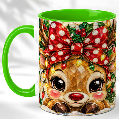 #pl[11oz|Green] Mosaic Reindeer Coffee Mug, Christmas Bow Mug, Ceramic Cup