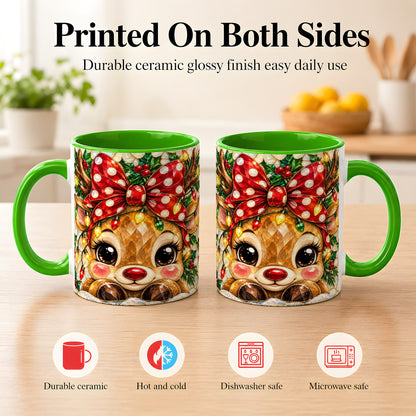 #pl[11oz|Green] Mosaic Reindeer Coffee Mug, Christmas Bow Mug, Ceramic Cup