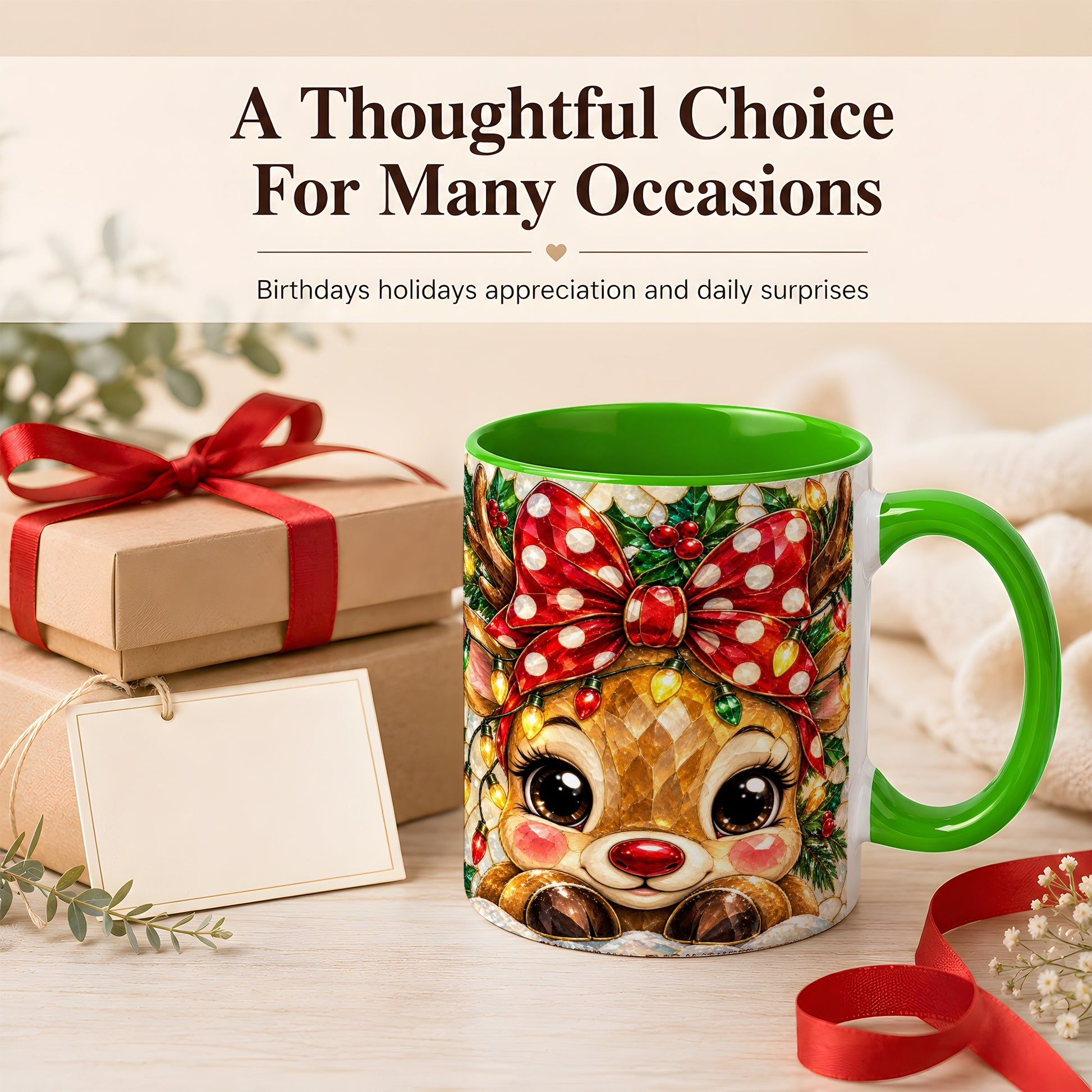 #pl[11oz|Green] Mosaic Reindeer Coffee Mug, Christmas Bow Mug, Ceramic Cup