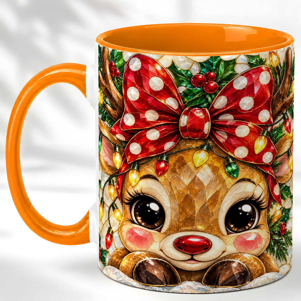 #pl[11oz|Orange] Mosaic Reindeer Coffee Mug, Christmas Bow Mug, Ceramic Cup