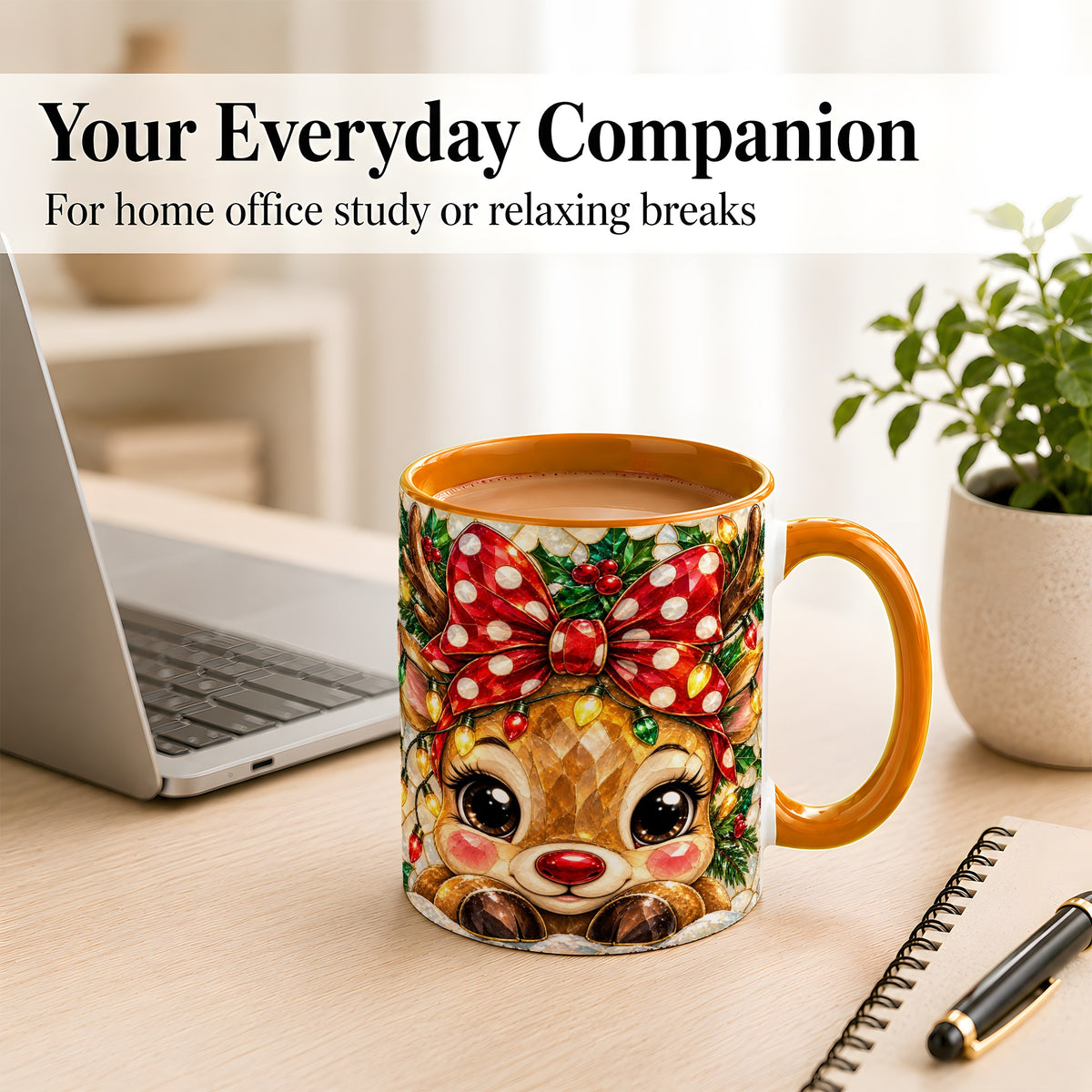 #pl[11oz|Orange] Mosaic Reindeer Coffee Mug, Christmas Bow Mug, Ceramic Cup