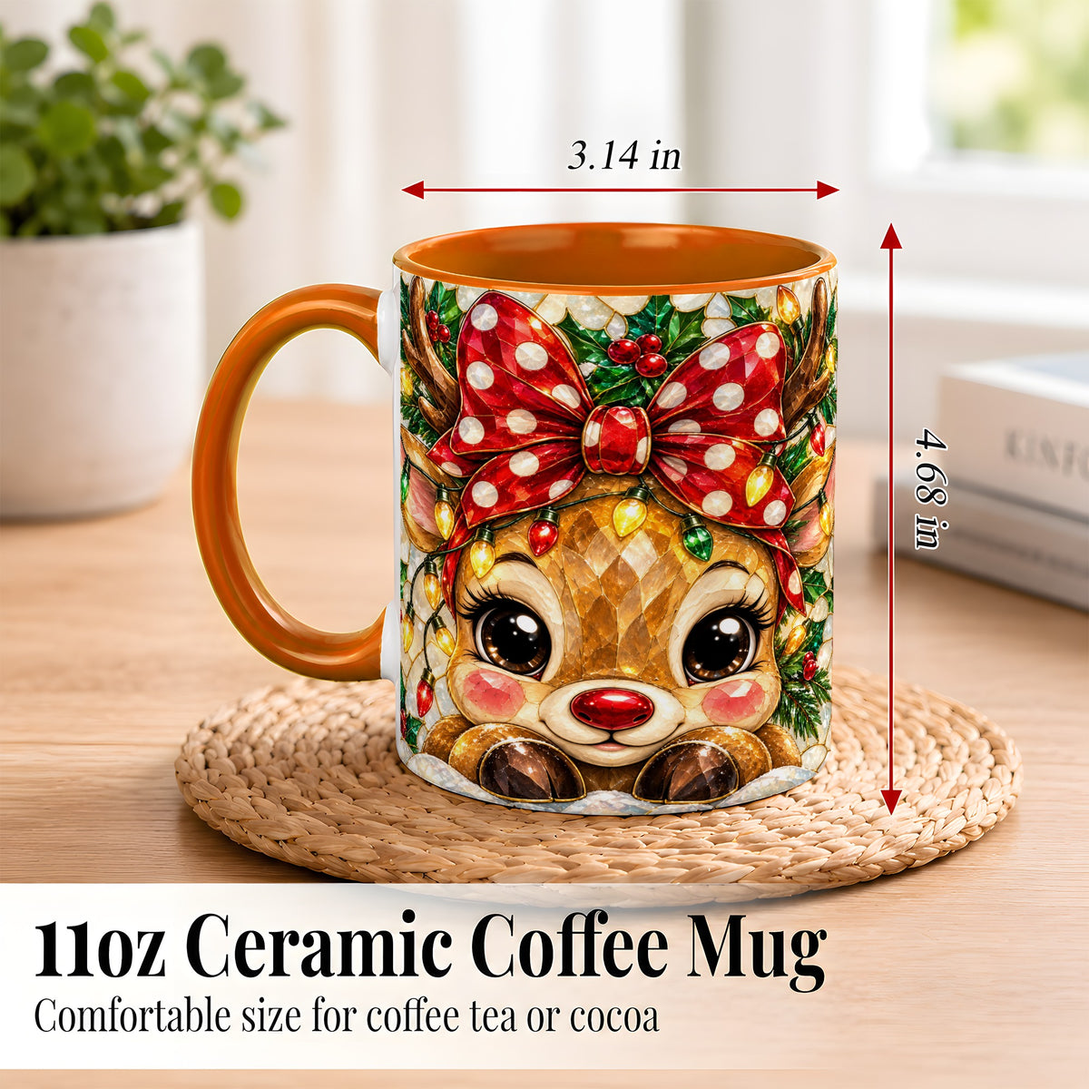 #pl[11oz|Orange] Mosaic Reindeer Coffee Mug, Christmas Bow Mug, Ceramic Cup