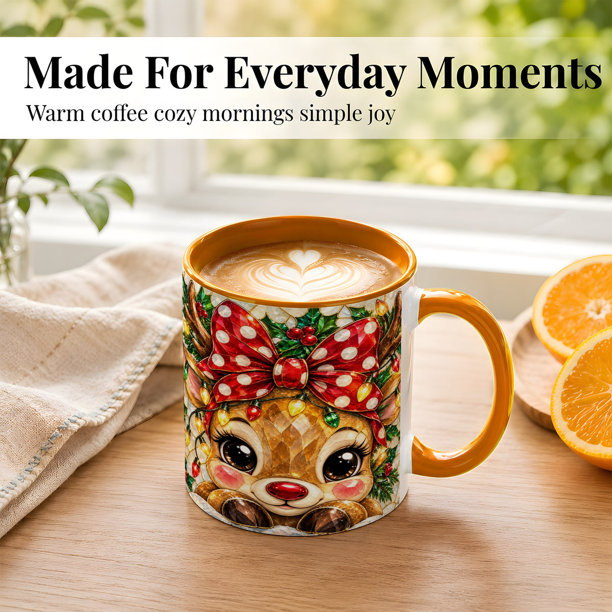 #pl[11oz|Orange] Mosaic Reindeer Coffee Mug, Christmas Bow Mug, Ceramic Cup