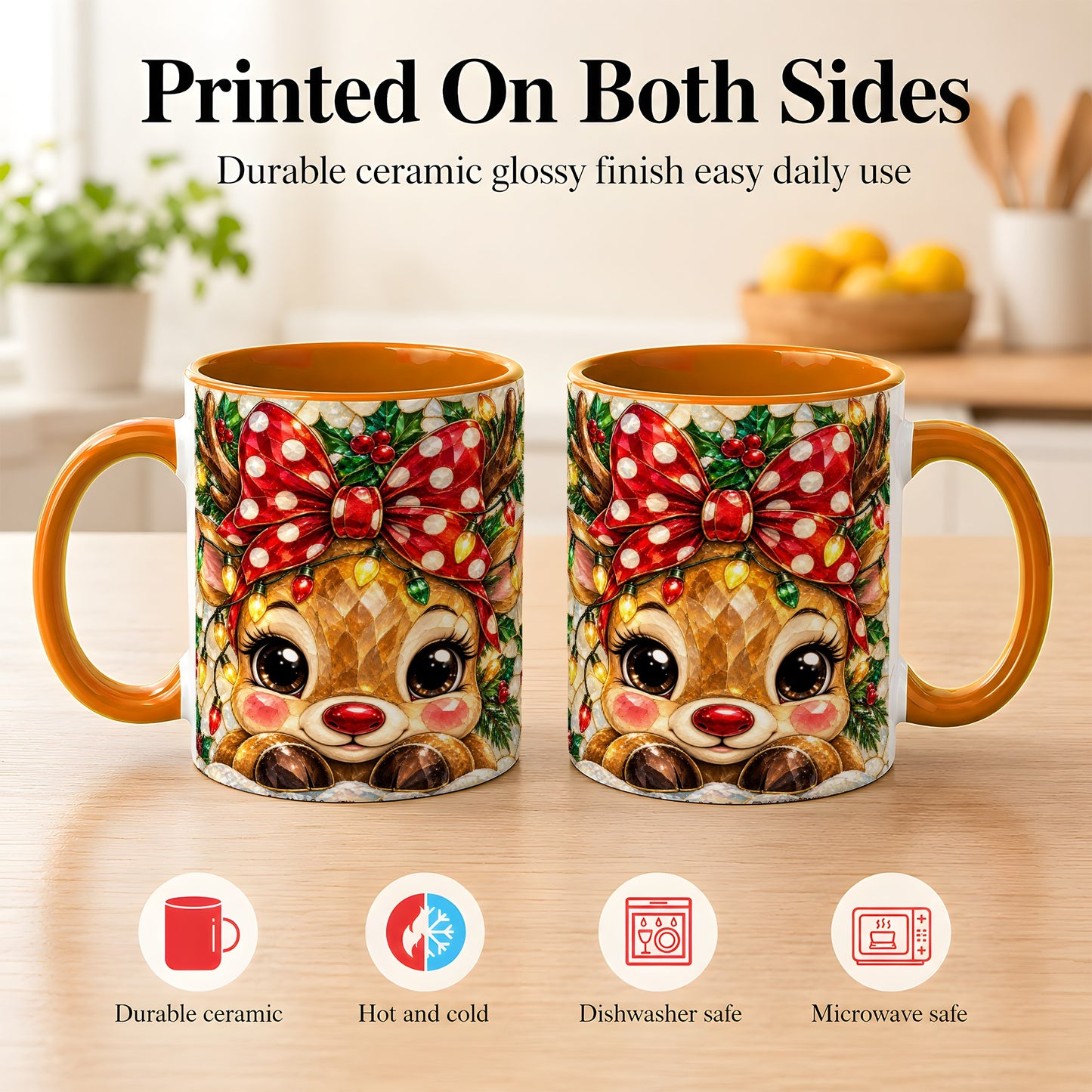 #pl[11oz|Orange] Mosaic Reindeer Coffee Mug, Christmas Bow Mug, Ceramic Cup