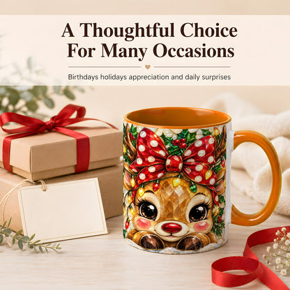 #pl[11oz|Orange] Mosaic Reindeer Coffee Mug, Christmas Bow Mug, Ceramic Cup
