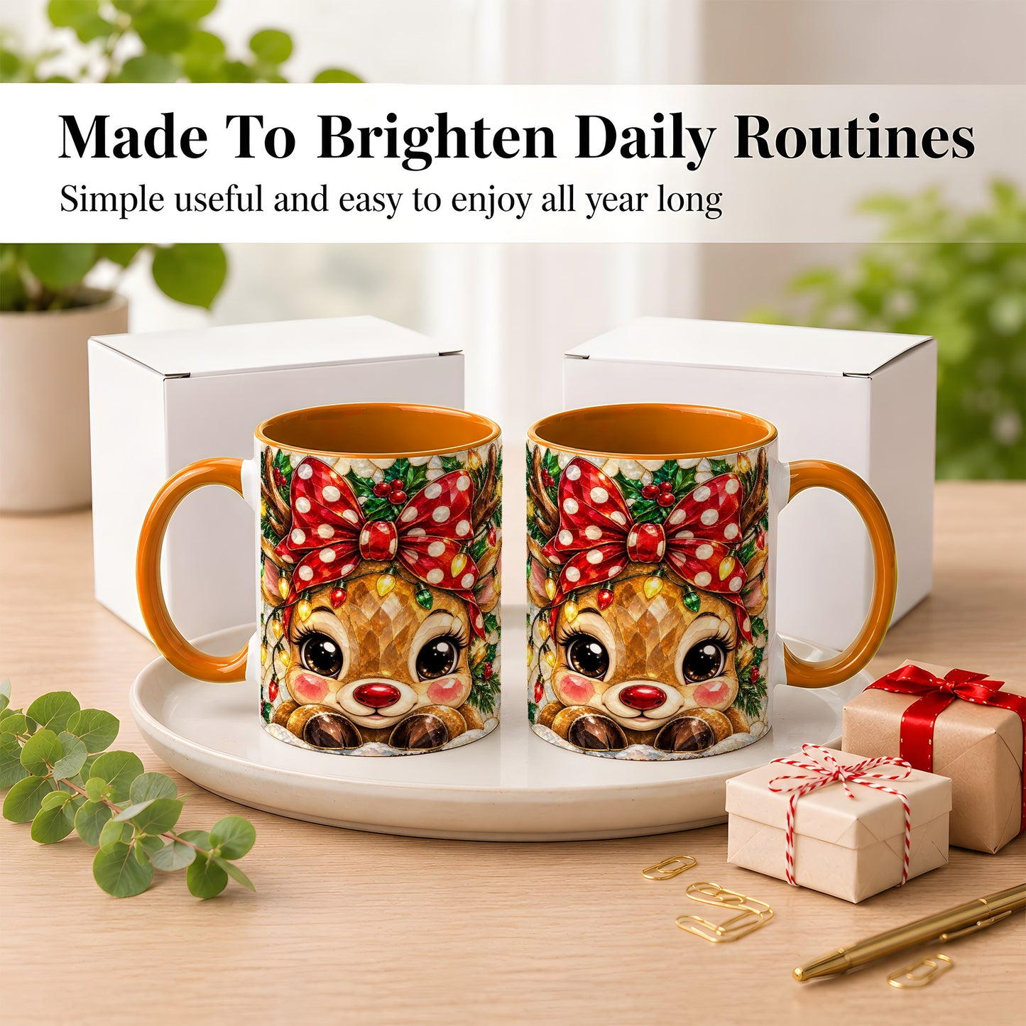 #pl[11oz|Orange] Mosaic Reindeer Coffee Mug, Christmas Bow Mug, Ceramic Cup