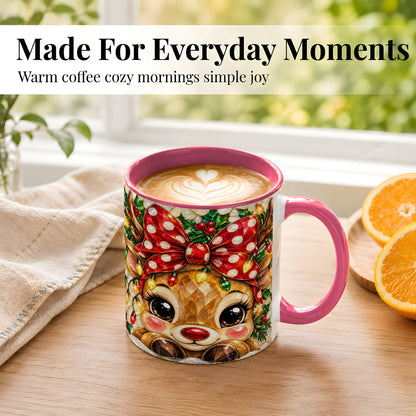 #pl[11oz|Pink] Mosaic Reindeer Coffee Mug, Christmas Bow Mug, Ceramic Cup