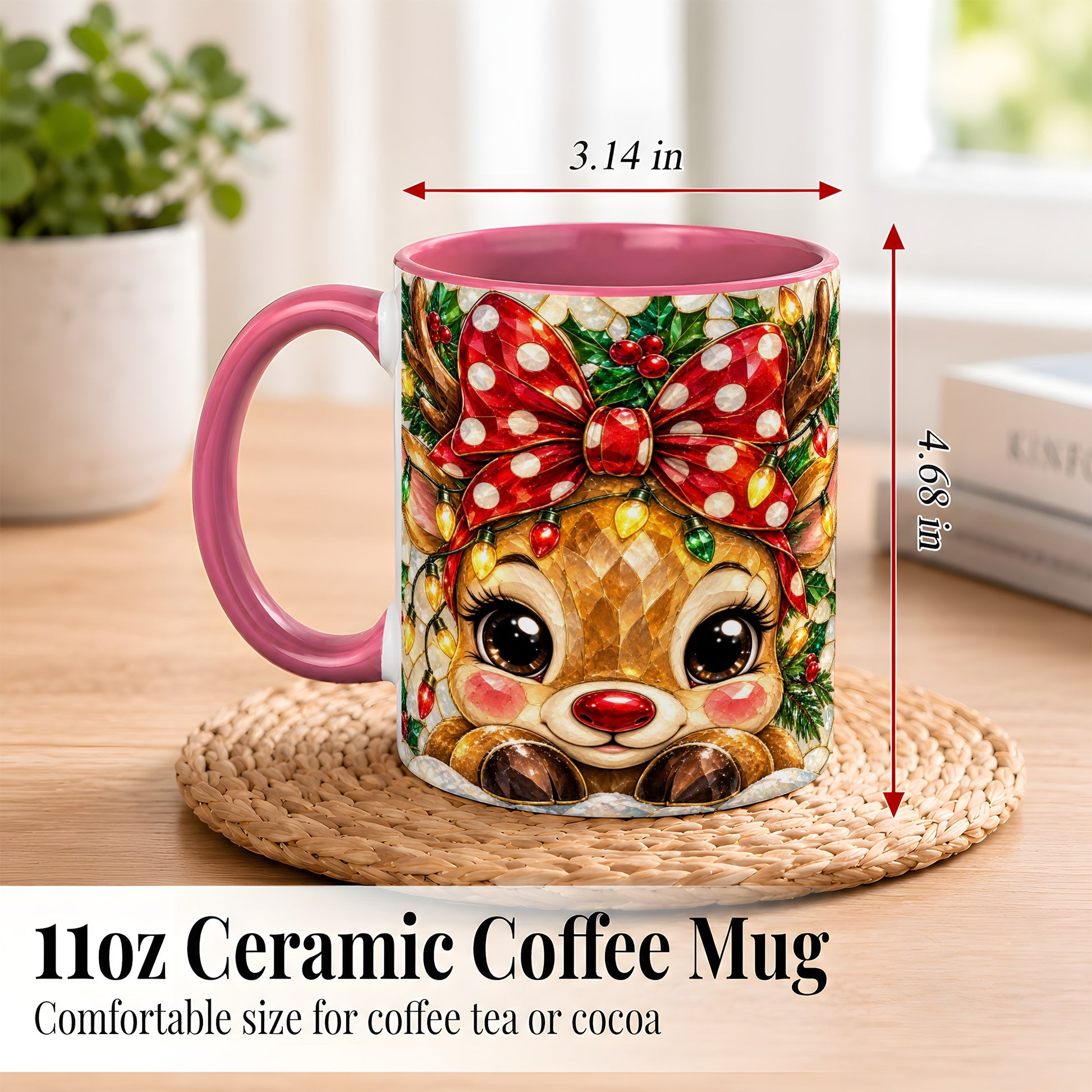 #pl[11oz|Pink] Mosaic Reindeer Coffee Mug, Christmas Bow Mug, Ceramic Cup