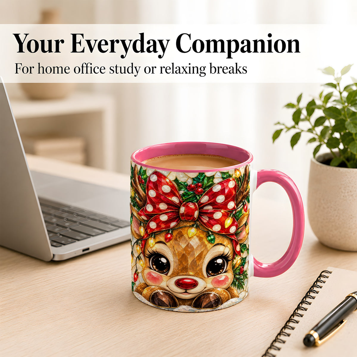 #pl[11oz|Pink] Mosaic Reindeer Coffee Mug, Christmas Bow Mug, Ceramic Cup