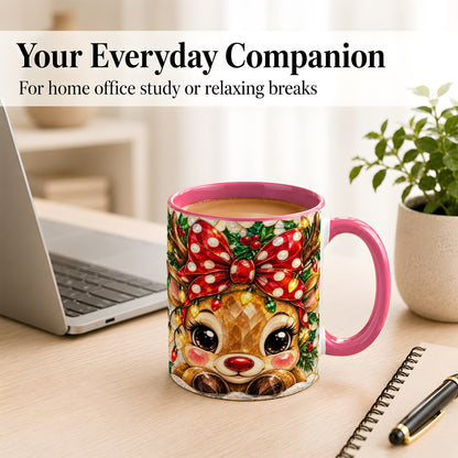 #pl[11oz|Pink] Mosaic Reindeer Coffee Mug, Christmas Bow Mug, Ceramic Cup