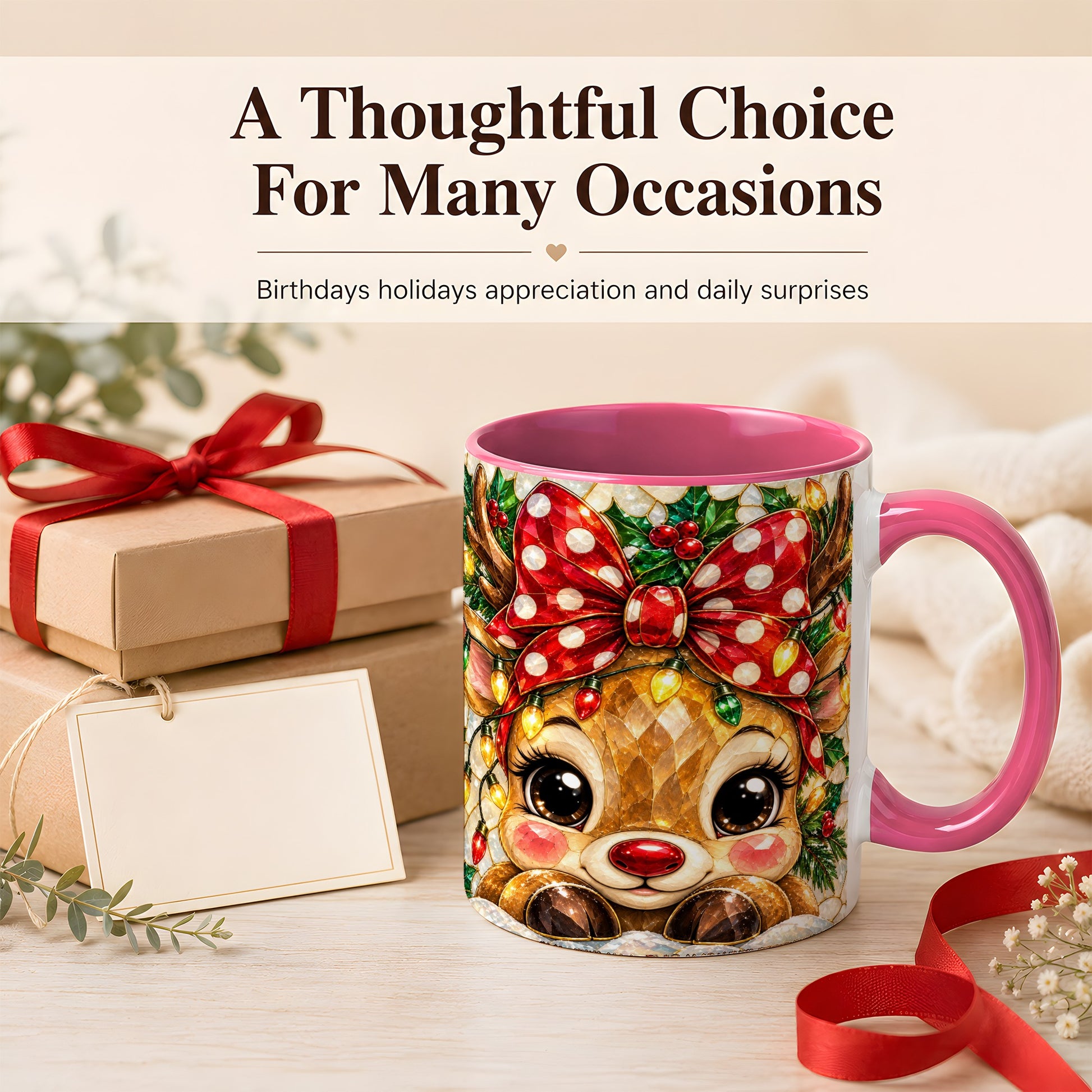 #pl[11oz|Pink] Mosaic Reindeer Coffee Mug, Christmas Bow Mug, Ceramic Cup