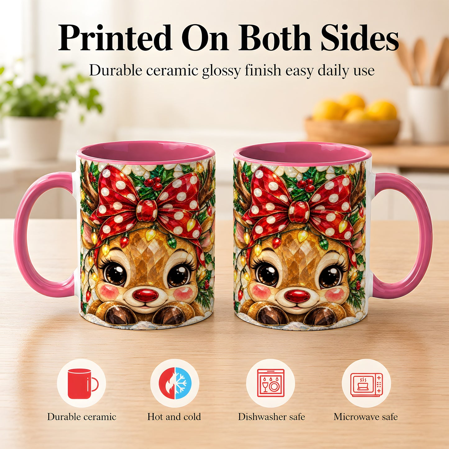#pl[11oz|Pink] Mosaic Reindeer Coffee Mug, Christmas Bow Mug, Ceramic Cup