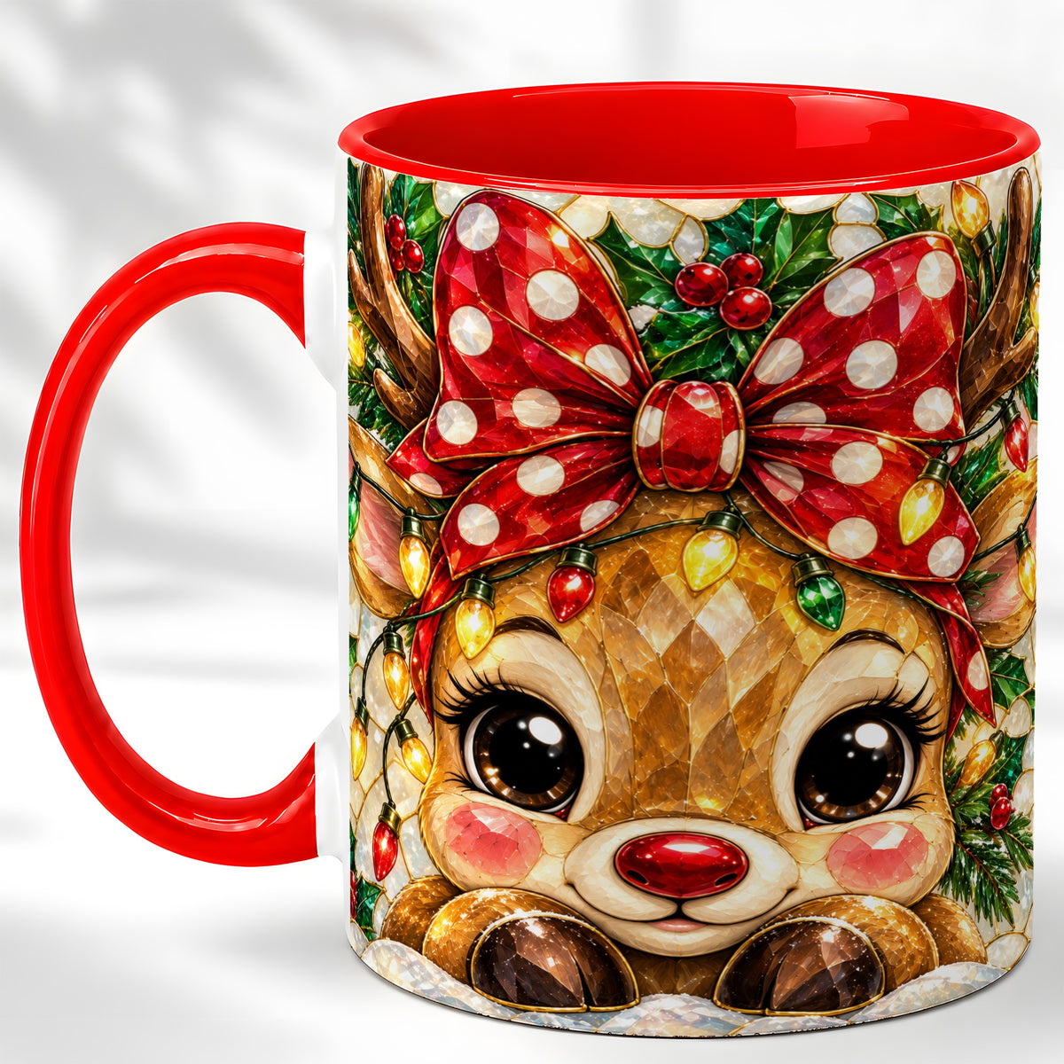 Mosaic Reindeer Coffee Mug, Christmas Bow Mug, Ceramic Cup