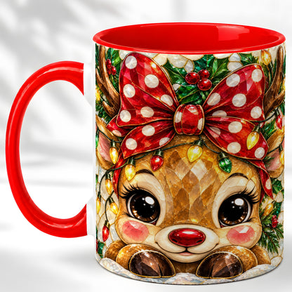 Mosaic Reindeer Coffee Mug, Christmas Bow Mug, Ceramic Cup