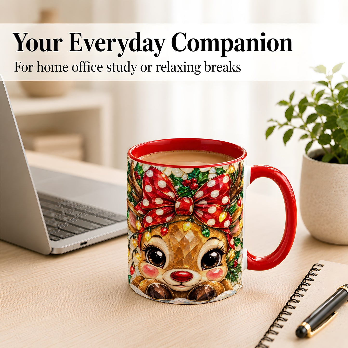 #pl[11oz|Red] Mosaic Reindeer Coffee Mug, Christmas Bow Mug, Ceramic Cup