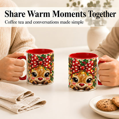 #pl[11oz|Red] Mosaic Reindeer Coffee Mug, Christmas Bow Mug, Ceramic Cup