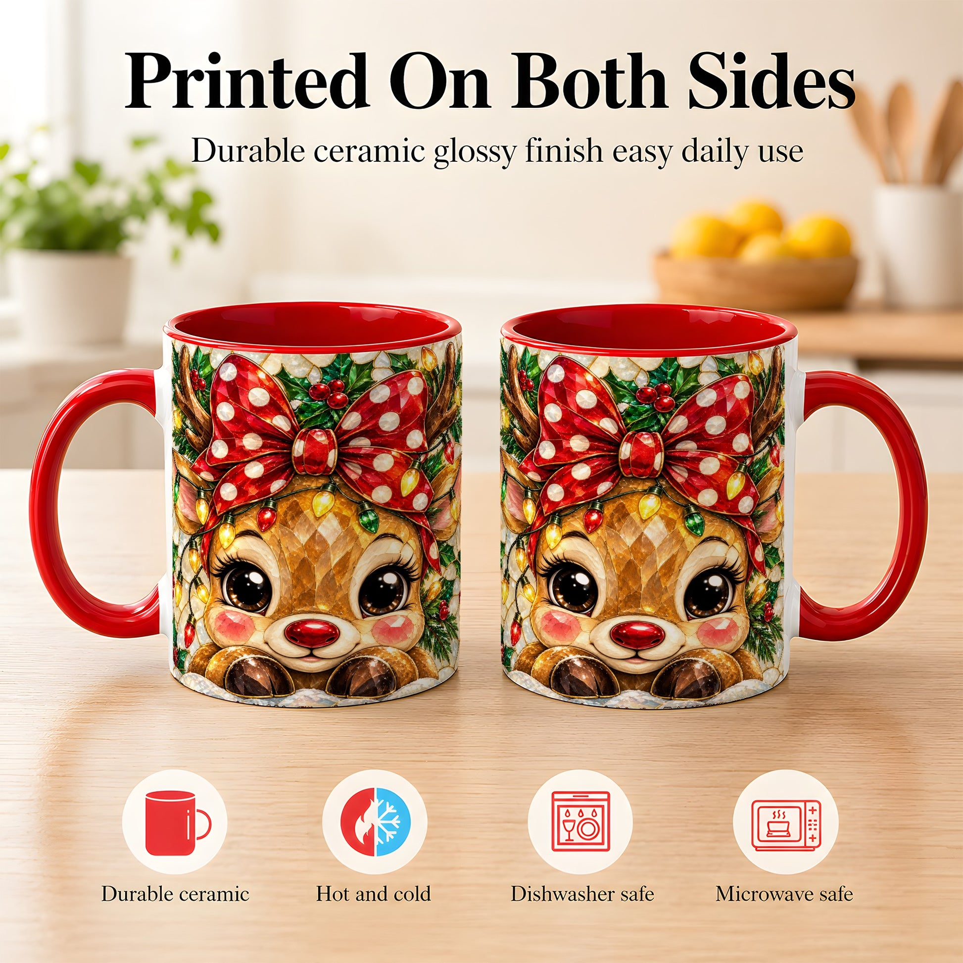 #pl[11oz|Red] Mosaic Reindeer Coffee Mug, Christmas Bow Mug, Ceramic Cup