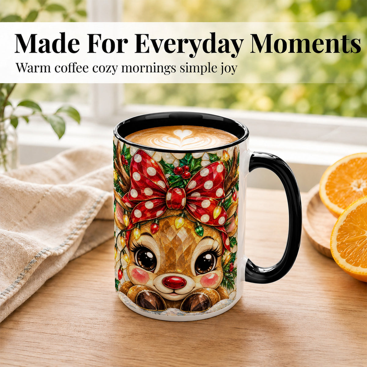 #pl[15oz|Black] Mosaic Reindeer Coffee Mug, Christmas Bow Mug, Ceramic Cup