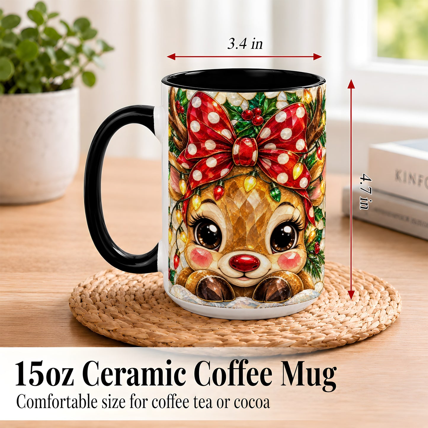 #pl[15oz|Black] Mosaic Reindeer Coffee Mug, Christmas Bow Mug, Ceramic Cup