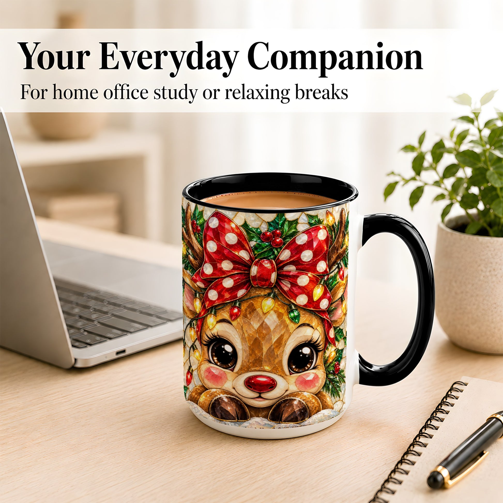 #pl[15oz|Black] Mosaic Reindeer Coffee Mug, Christmas Bow Mug, Ceramic Cup