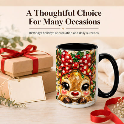 #pl[15oz|Black] Mosaic Reindeer Coffee Mug, Christmas Bow Mug, Ceramic Cup