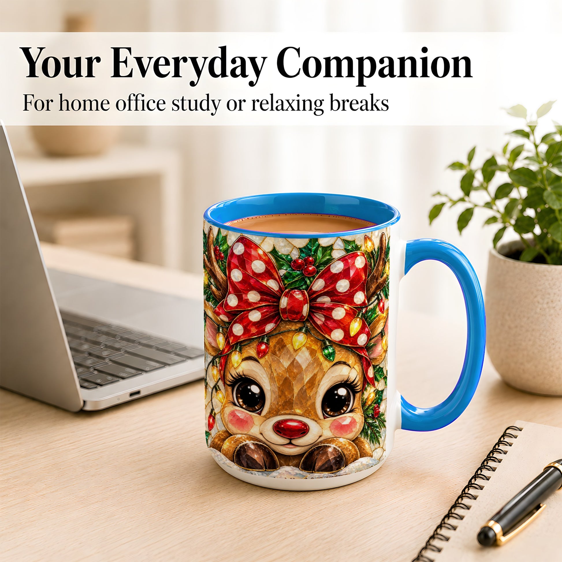 #pl[15oz|Blue] Mosaic Reindeer Coffee Mug, Christmas Bow Mug, Ceramic Cup