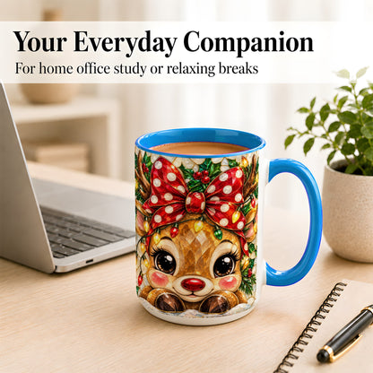 #pl[15oz|Blue] Mosaic Reindeer Coffee Mug, Christmas Bow Mug, Ceramic Cup