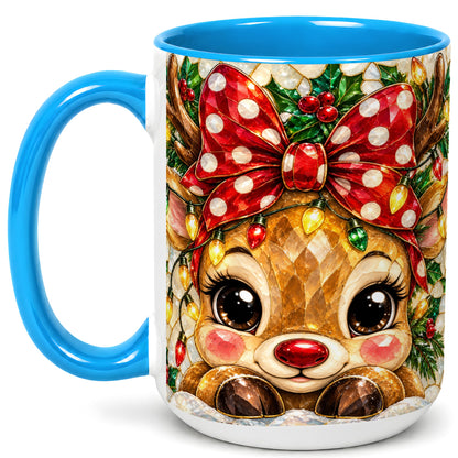 #pl[15oz|Blue] Mosaic Reindeer Coffee Mug, Christmas Bow Mug, Ceramic Cup