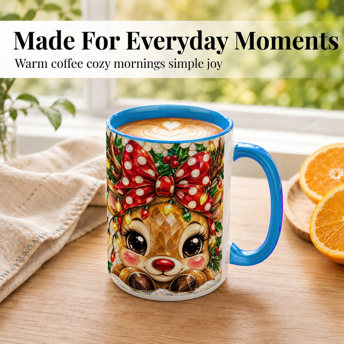 #pl[15oz|Blue] Mosaic Reindeer Coffee Mug, Christmas Bow Mug, Ceramic Cup