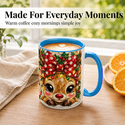 #pl[15oz|Blue] Mosaic Reindeer Coffee Mug, Christmas Bow Mug, Ceramic Cup