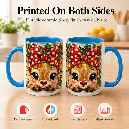 #pl[15oz|Blue] Mosaic Reindeer Coffee Mug, Christmas Bow Mug, Ceramic Cup